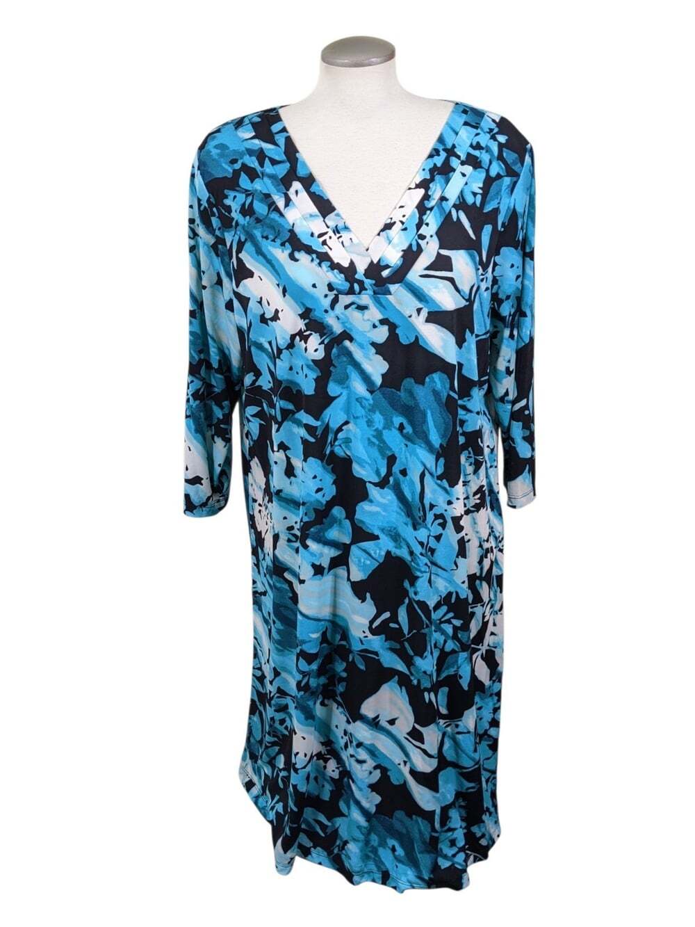 Jones New York Womens Vintage Floral Midi Dress Shift Plus 2X Black Blue Sleeves
